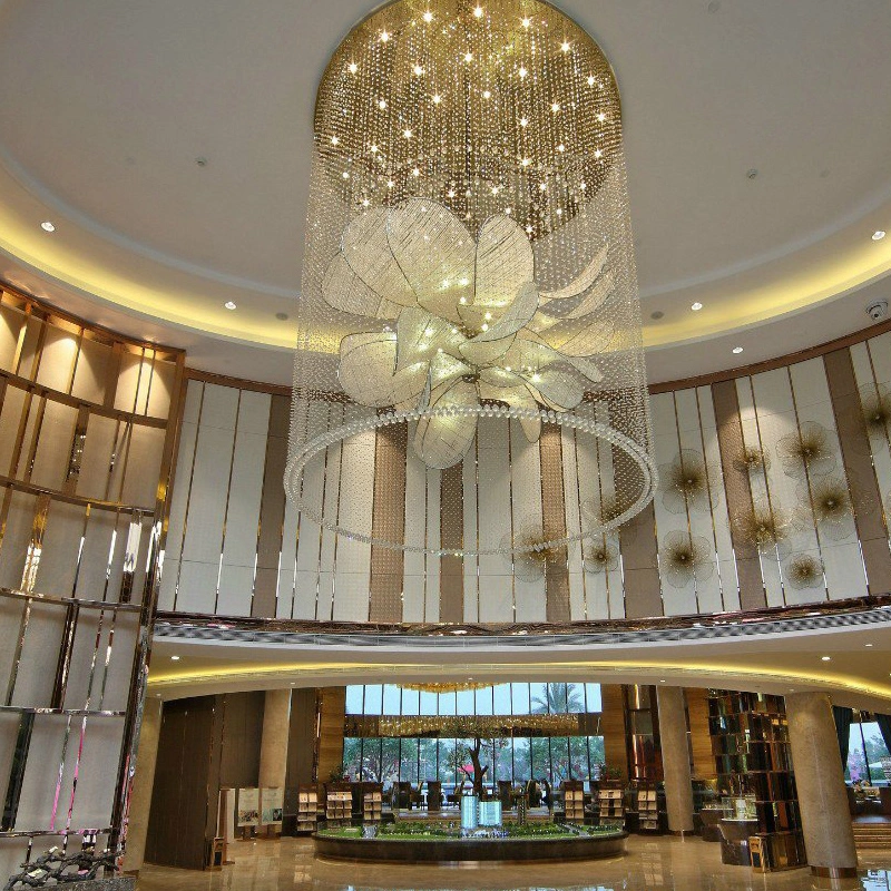 Flower Shape Decorative Glass Stainless Crystal Chandelier Custom LED Large Pendant Lamp