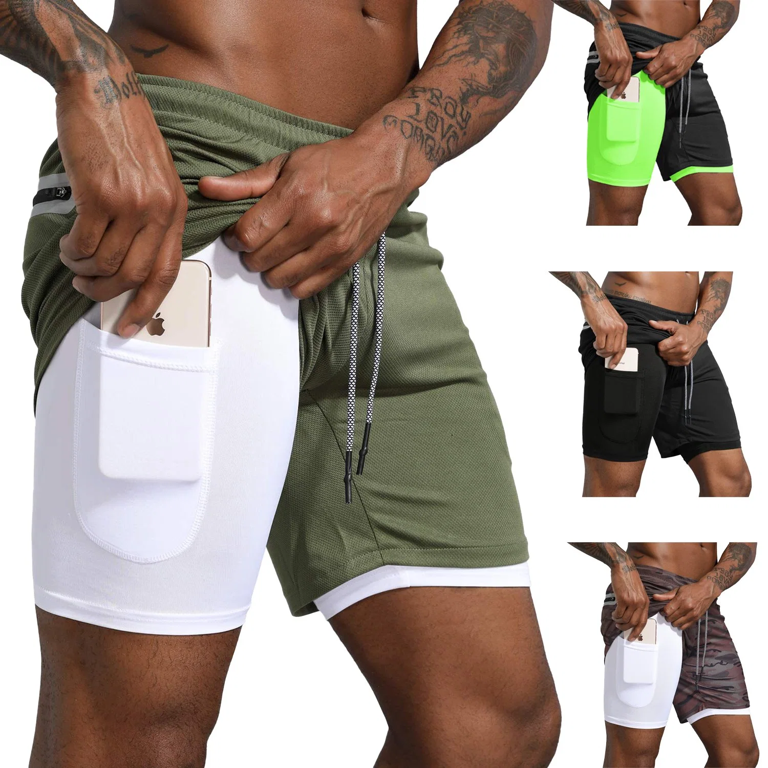 Men&prime; S 2 in 1 Workout Running Shorts Lightweight Training Yoga Gym 7" Short with Zipper Pockets