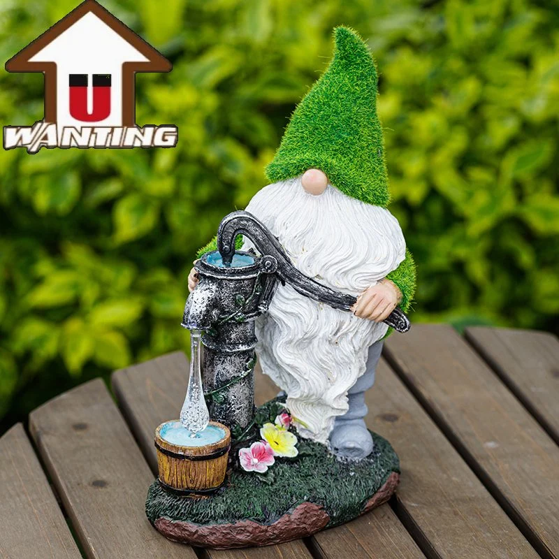 Harz Fairy Garden Kunstrasen Gnome Pressing Wasser Hausdekoration Solarlicht