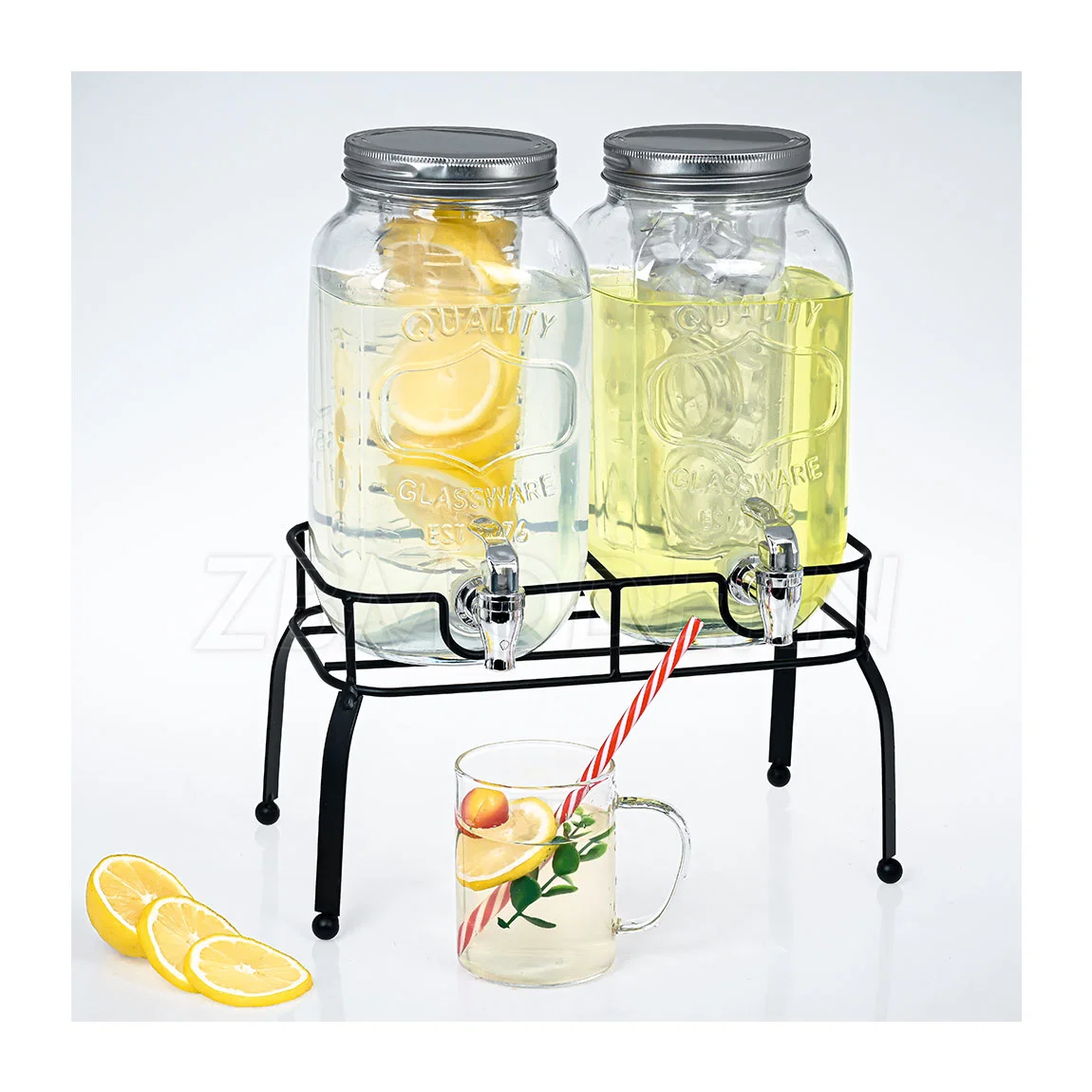 Hochwertige Großhandel Doppel 1 Gallone 3,78L Glas Getränkespender Mit Fruit Infuser Ice Infuser Metallgestell