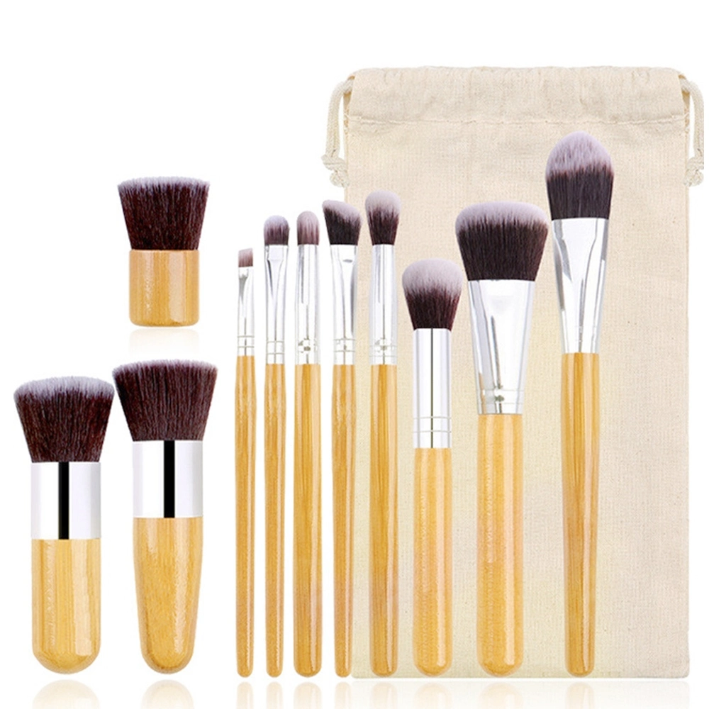 11PCS Bamboo Makeup Brushes with Canvas Bag Popular Kabuki Brushes Synthetic Fiber Cosmetic Brushes Set