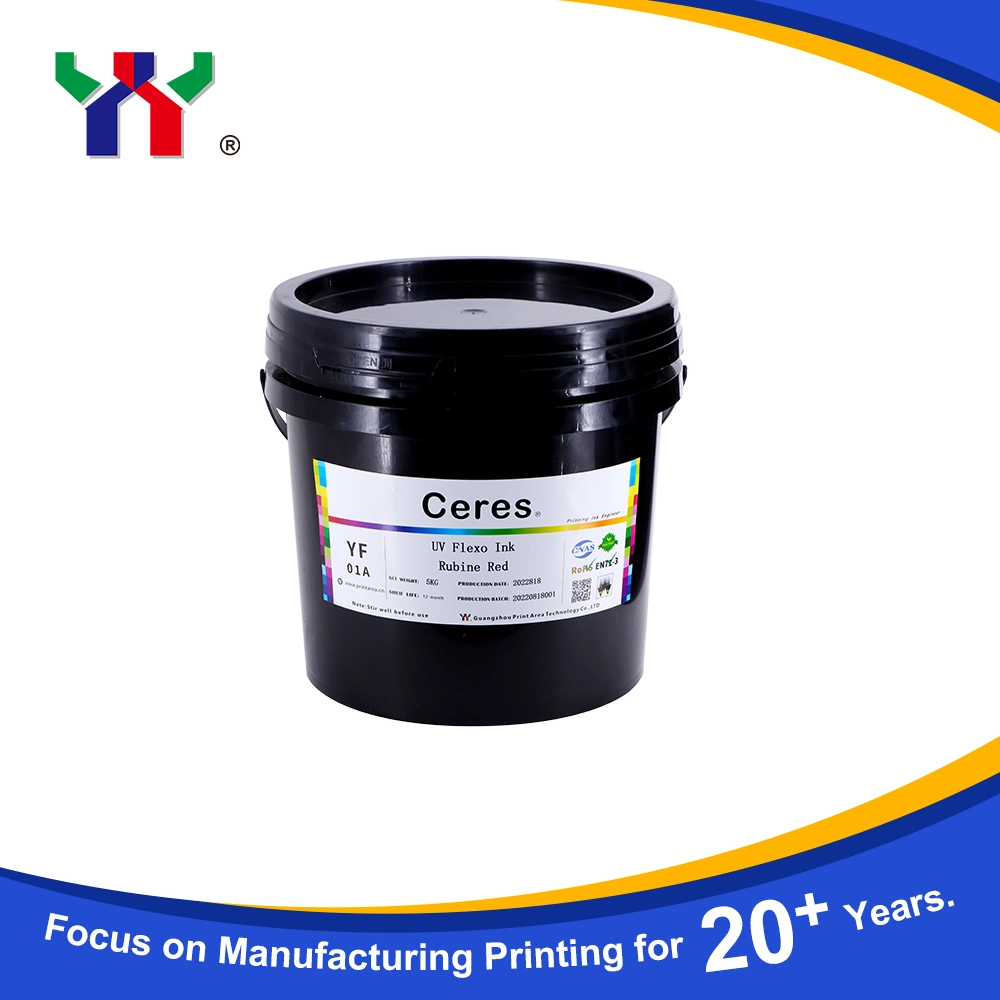 Tinta Flexo UV/LED de alta calidad Ceres fuerte Fuerza adhesiva para impresión de papel y etiquetas (PP, materiales PET), Color Rubine Red 5kg/Barrel