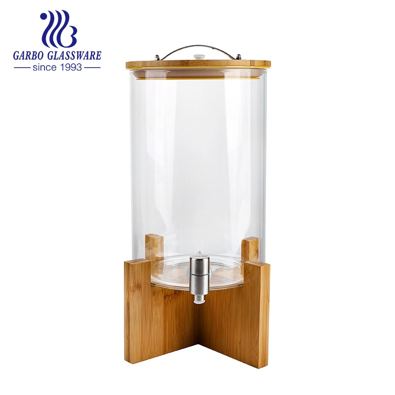 Wholesale Wood Base Heat Resistant Large 8L Borosilicate Glass Beverage Dispenser with Stainless Steel Tap