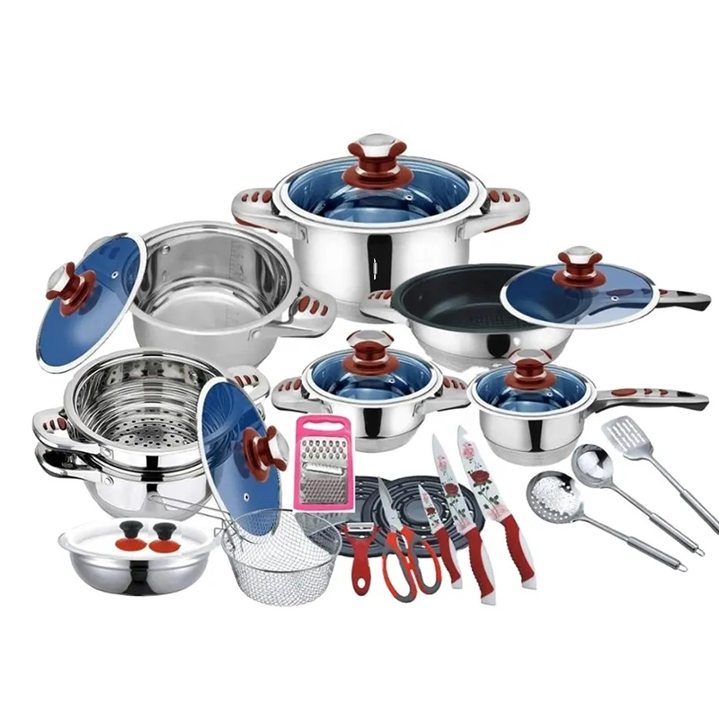 50pcs Edelstahl Auflauf Bratpfanne Töpfe Hersteller Küche Kochen Topfkasserolle Kochgeschirr Set mit blauem Glasdeckel für Afrikaner Und Südamerikanischer Markt