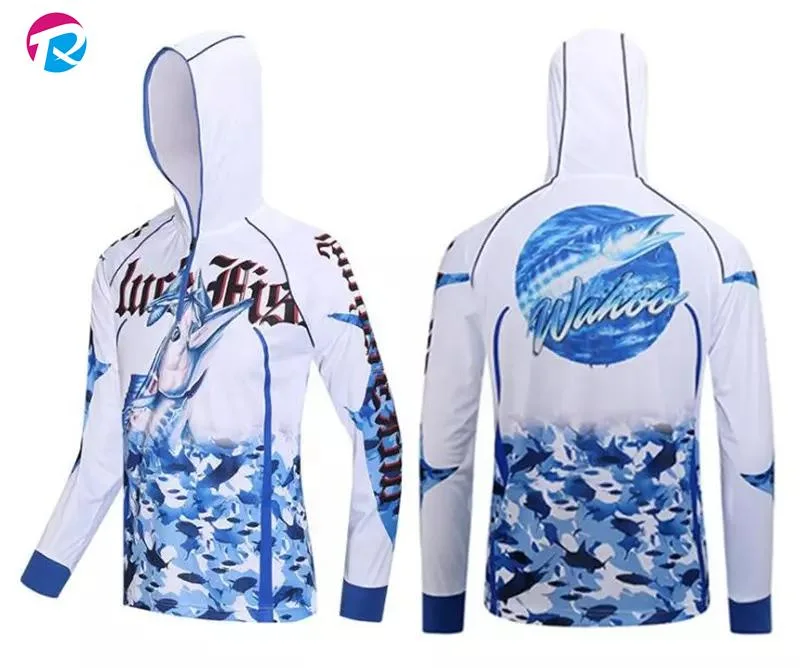 Commerce de gros de l'usure de la pêche personnalisés Sublimation UV Protection UPF 50 Long Sleeve Hoodies chemise Sun Vêtements de protection de la pêche