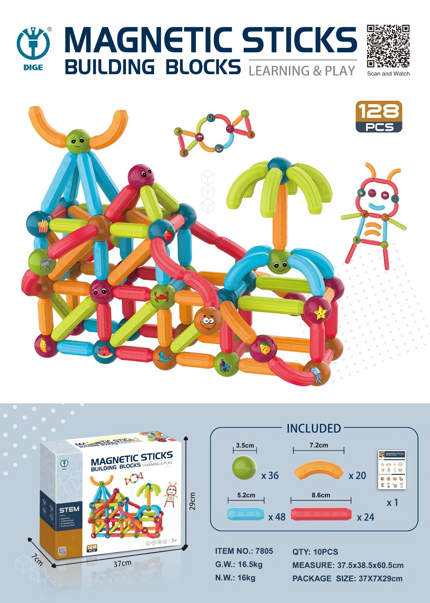 128PCS Jeux de construction magnétiques pour enfants DIY Jeu de construction Jeu de construction éducatif à vapeur avec billes magnétiques et tiges pour enfants.