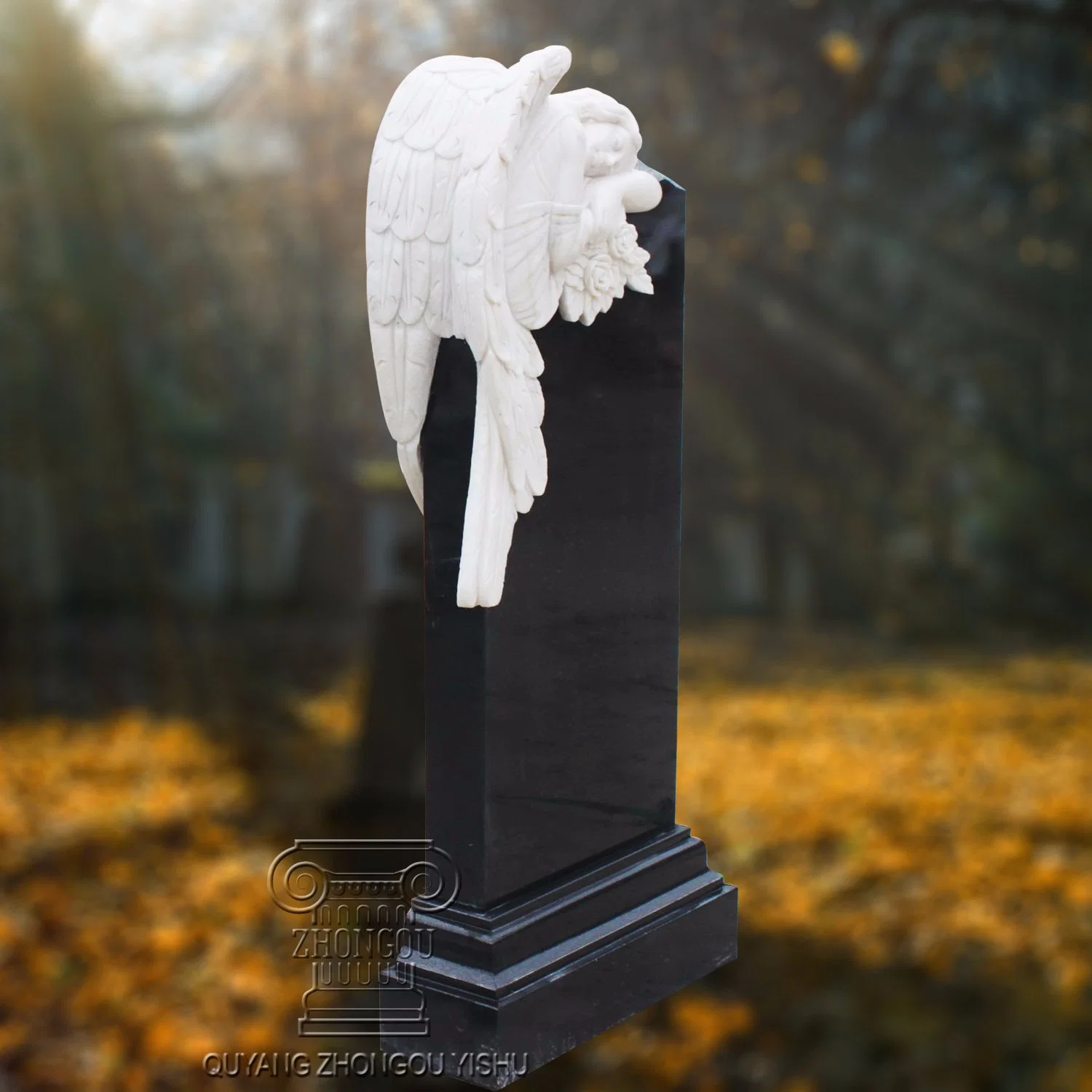 Black Granite Tombstone with White Marble Angel Monument