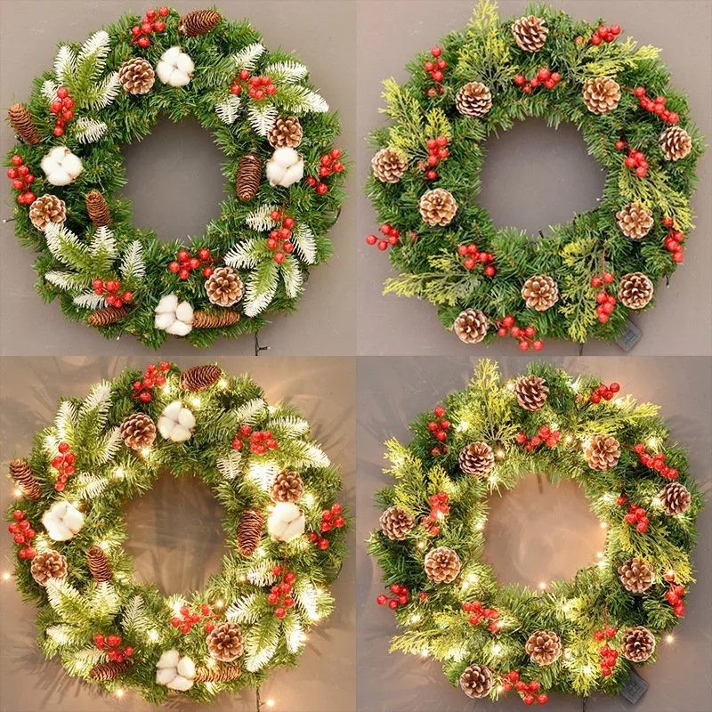 Christmas Ornaments Wreath with Light PE PVC Red Pine Cone Mixed Garlands