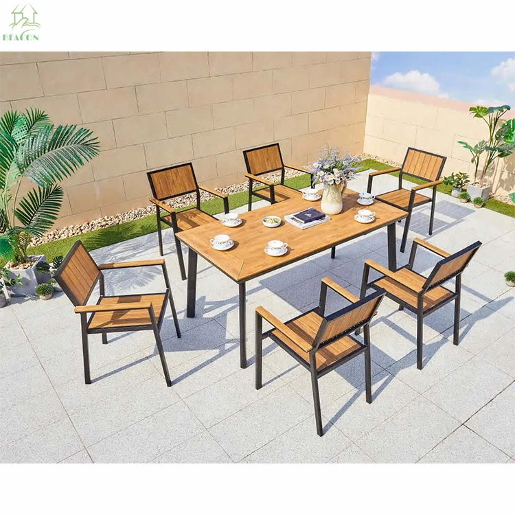 Freizeit Beliebte Outdoor Garten Patio Aluminium Rahmen Kunststoff Holzstühle Ess Möbel Set Außen Ess-Sets