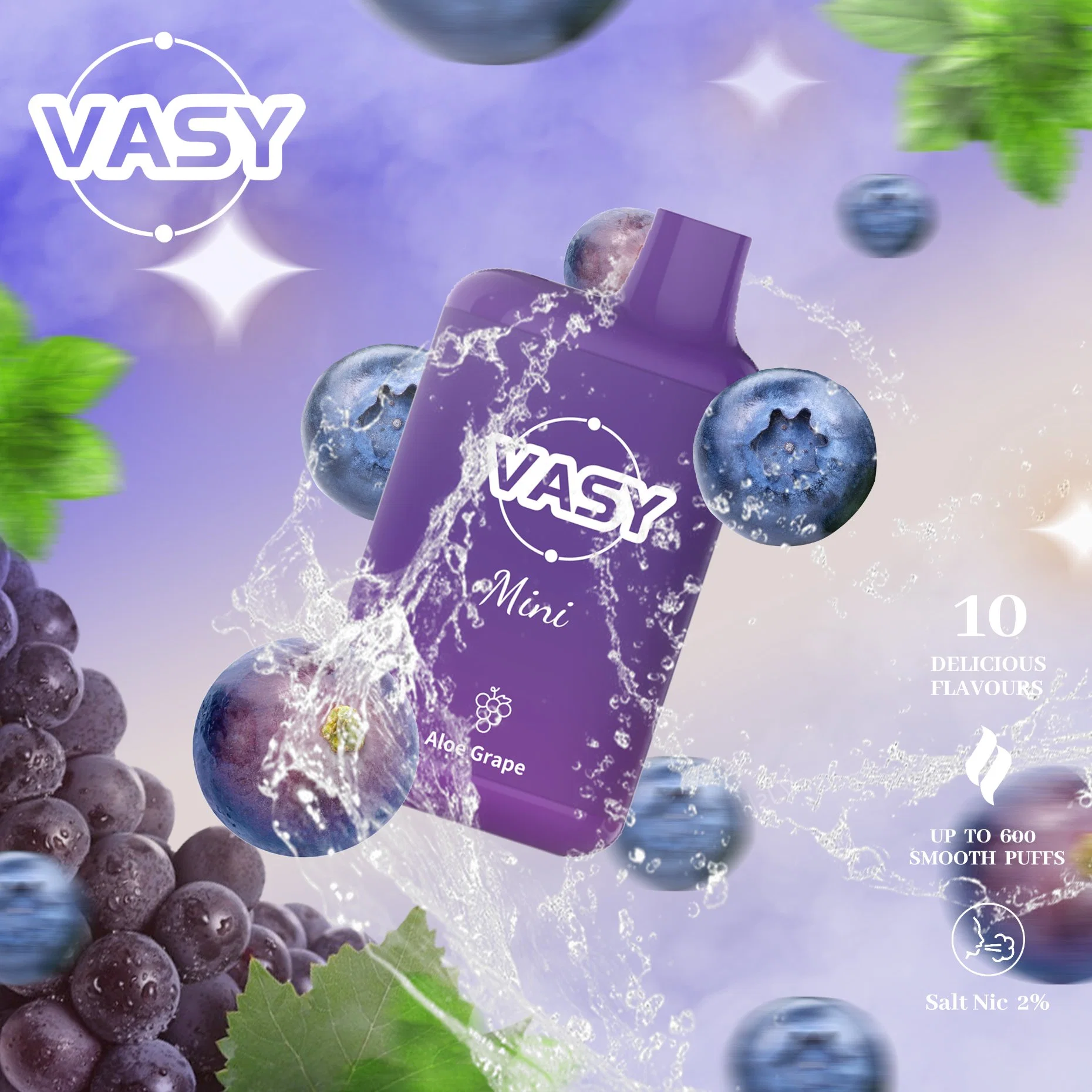 Оптом Vasy Mini 600 puffs Популярный вкус Алоэ виноград 20 мг Одноразовая электронная сигарета