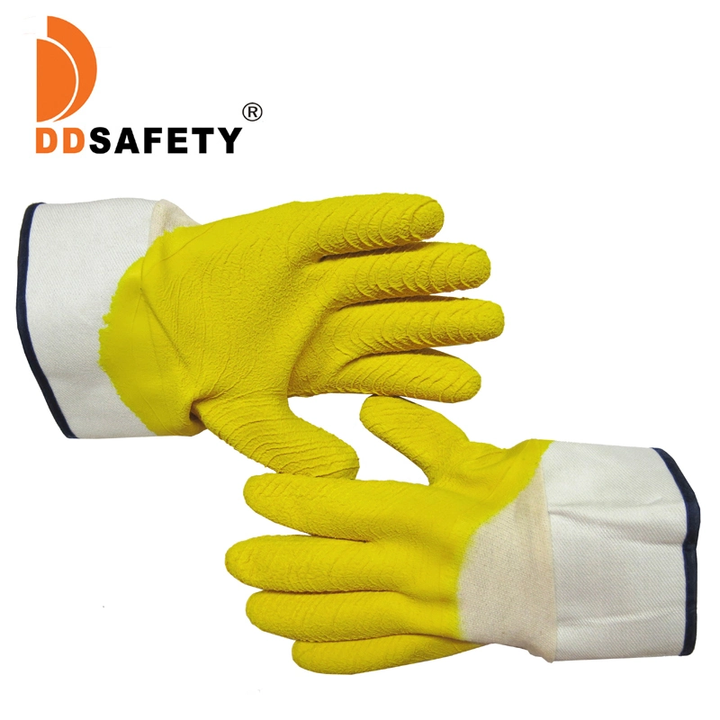 Yellow Latex Coated Glove Luvas Guantes, Safety Cuff, Cotton Interlock, Exclusive, Induced Self-Wrinkle Finish Provides Superior Grip, Wet or Dry