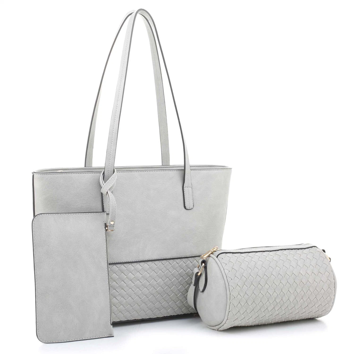 Lady Fashion PU Leather Woven 3-in-1 Shopper Set Handbag Women Tote Bag