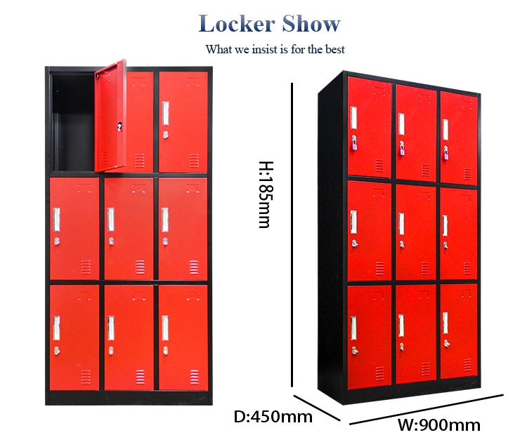 Red Aluminum Clothing Storage Closet 9 Door Gym Locker Modern Nine Door Design Style Steel Locker