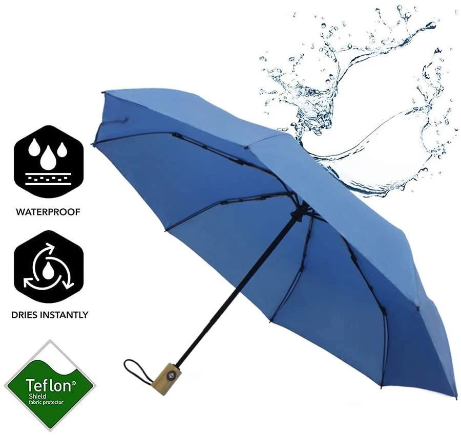 Skeleton Structure Umbrella Retractable Foldable Sun Protection Wind Resistant Travel Small Carry on Wooden Handle Umbrella