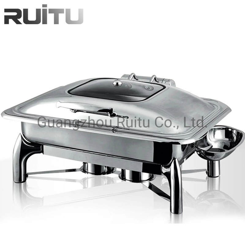 Hotel Restaurant Buffet Equipment List 6L Silver Stainless Steel Round Roll Top Glass Lid Buffet Warmer Chafer Stove Serving Set Chafing Dishes Buffet Utensils