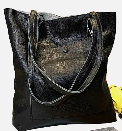 Classic Style Black Leather Handbag Shoulder Bag for Big Storage