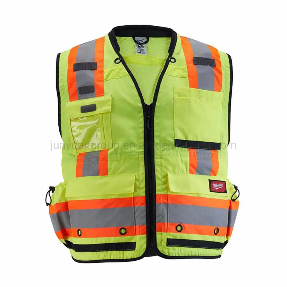 OEM Factory Custom Logo ANSI 2 Construcción de Alta visibilidad Reflectiva Chaqueta Vest Surveyor con bolsillos