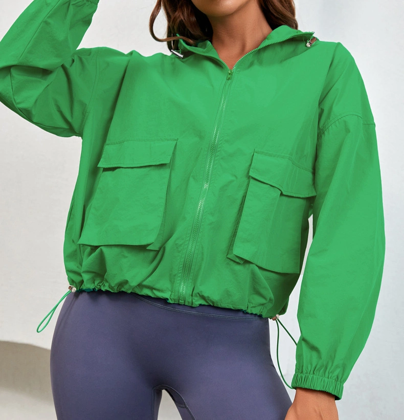 Vente en gros vêtements de gym lanterne manches longues hauts taille manteau plissé Sweat-shirt décontracté à capuche pour femmes Zipper