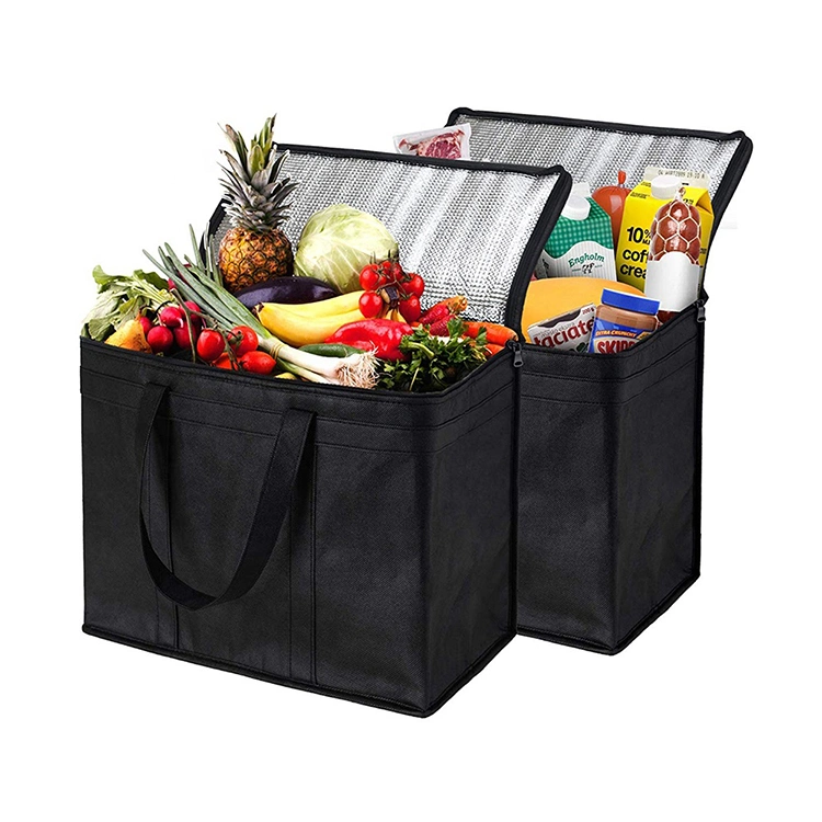 Bolsa de refrigeración plegable no tejida grande negra para entrega de alimentos Zipper aislada Bolso de compra/bolsos más fríos