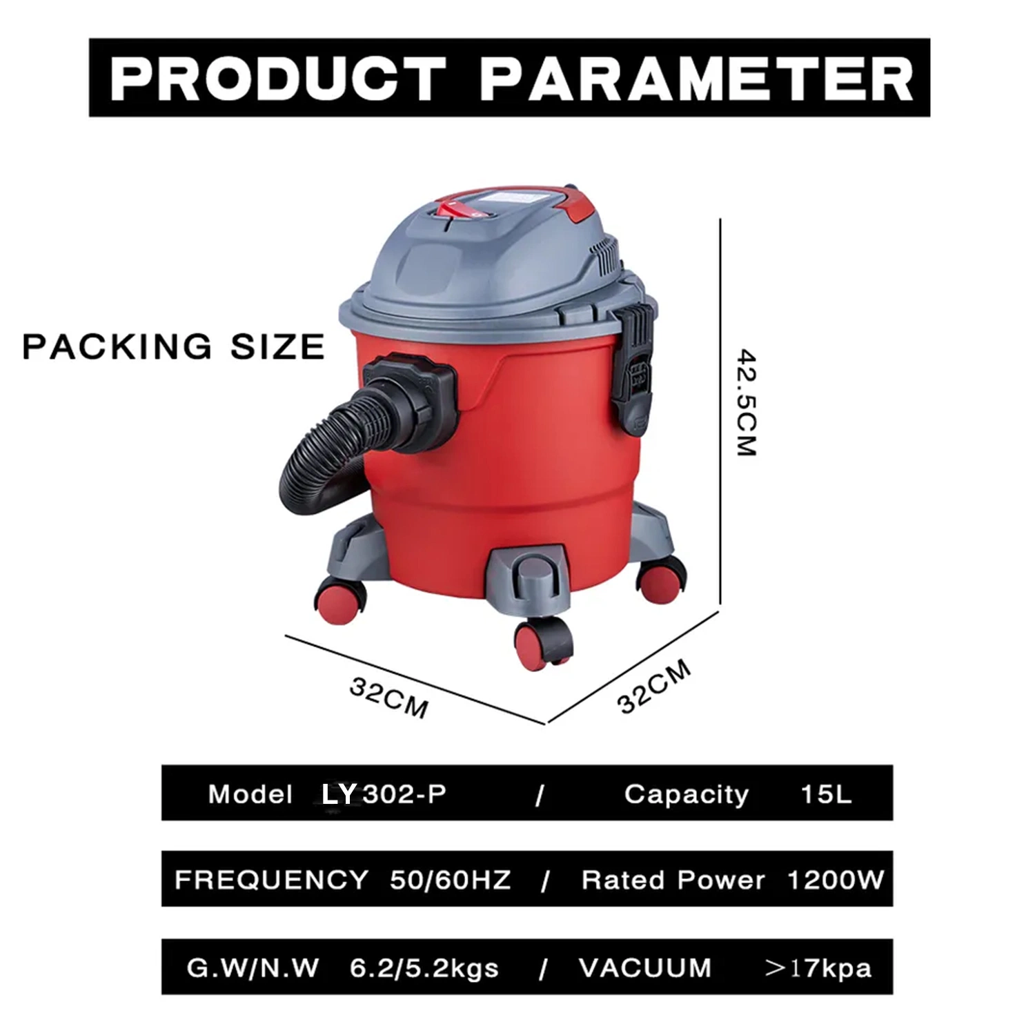 Polvo y líquido aspirador tanque de plástico 15lt 1200W