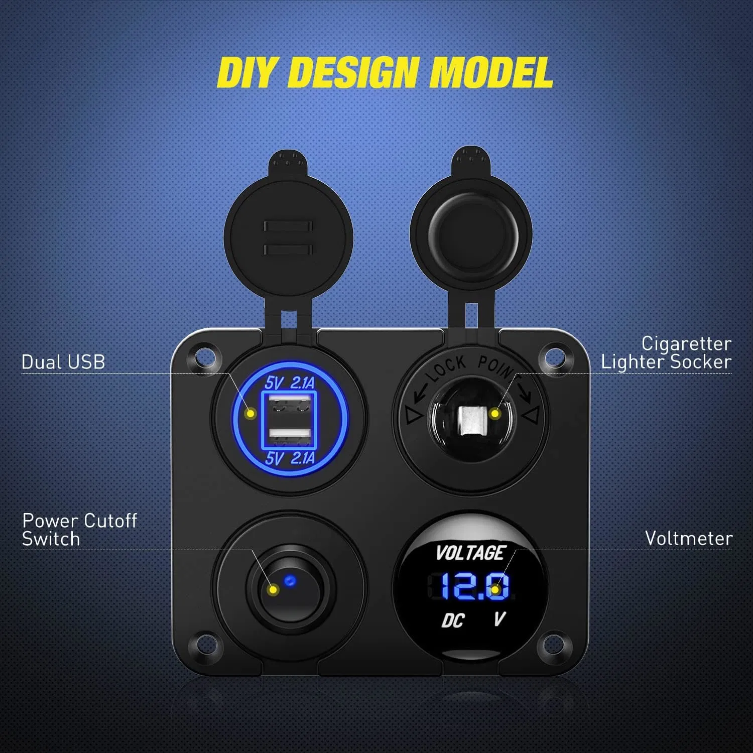 4 en 1 encendido apagado Cargador toma Panel USB doble Cargador Power Outlet LED voltímetro encendedor de cigarrillos toma LED on Interruptor basculante de apagado para camión de coches de navegación