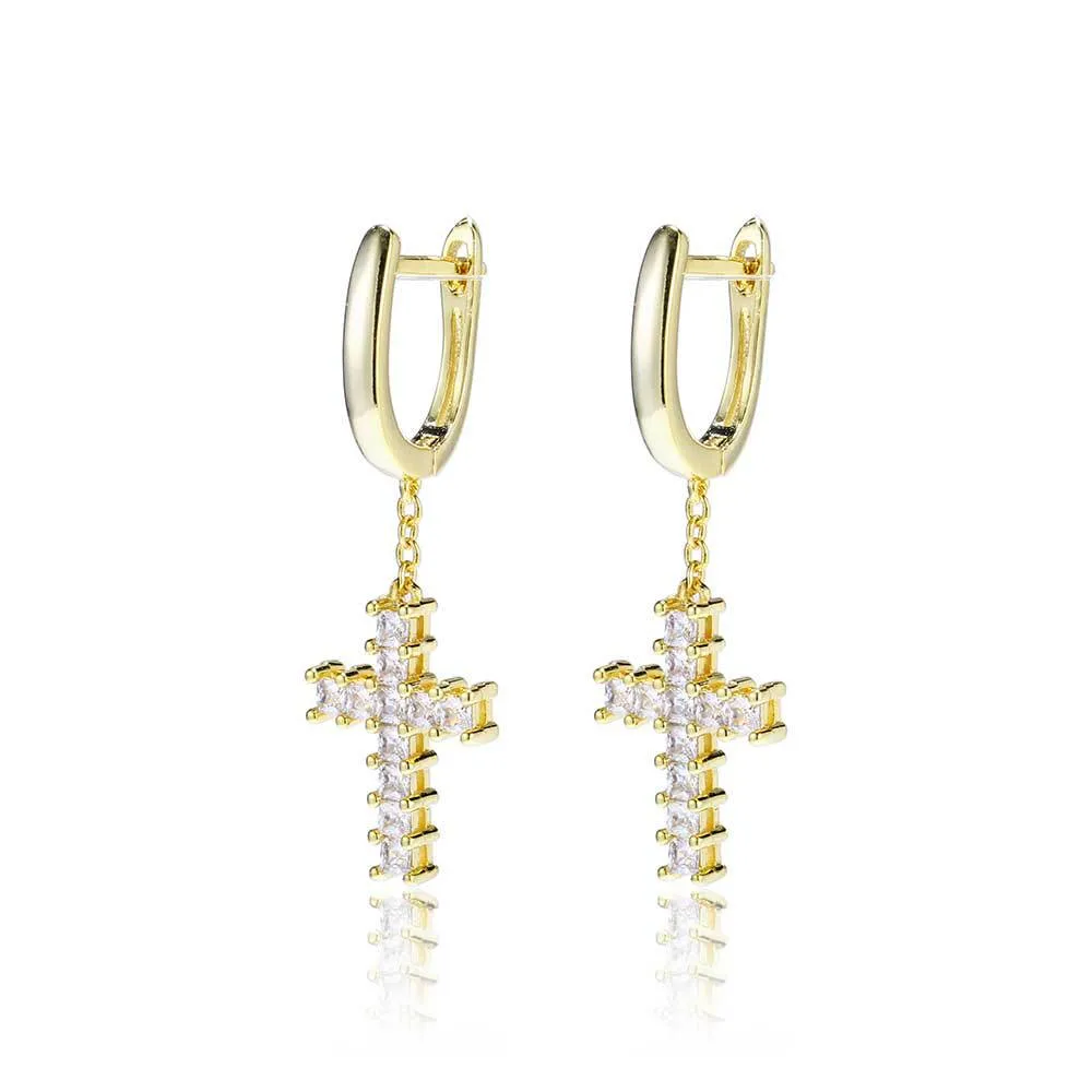 Hip Hop Trumpet Micro-Inset Zircon Drop Cross Earrings