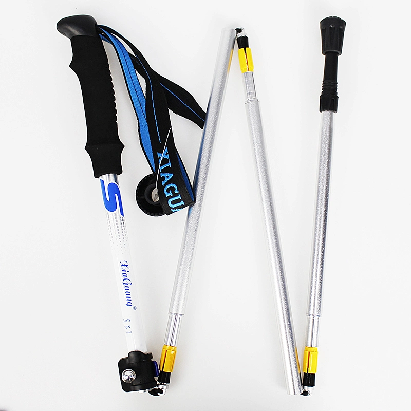 Custom Palos De Trekking 4-Section Telescopic Folding Aviation Aluminum 7075 Walking Hiking Sticks Trekking Poles -Blue