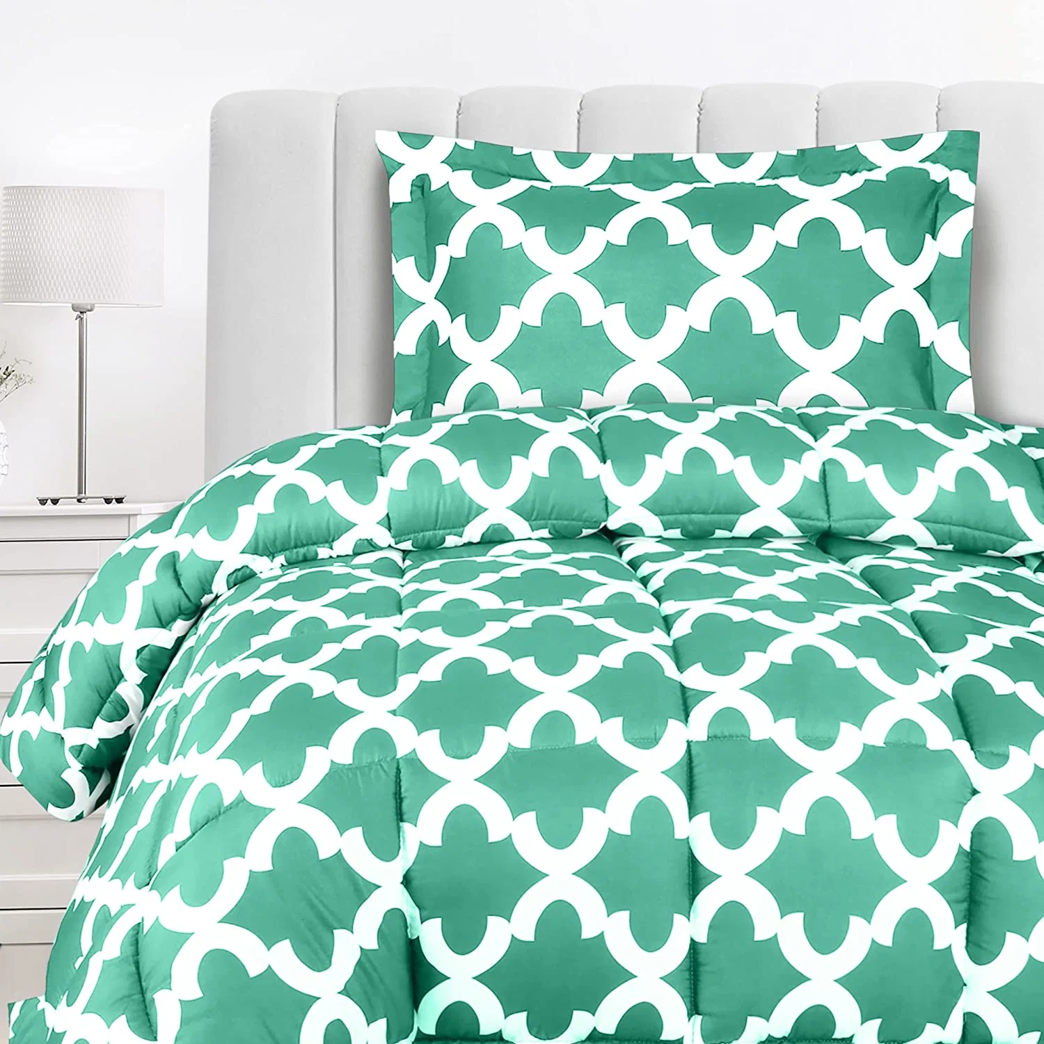 أسرّة الأطفال من نوع Twin لحاف (Quatrefoil Sea Green) مع بيلو شام - مجموعات من مفراش السرير - لأسفل لحاف بديل - ناعم ومريح