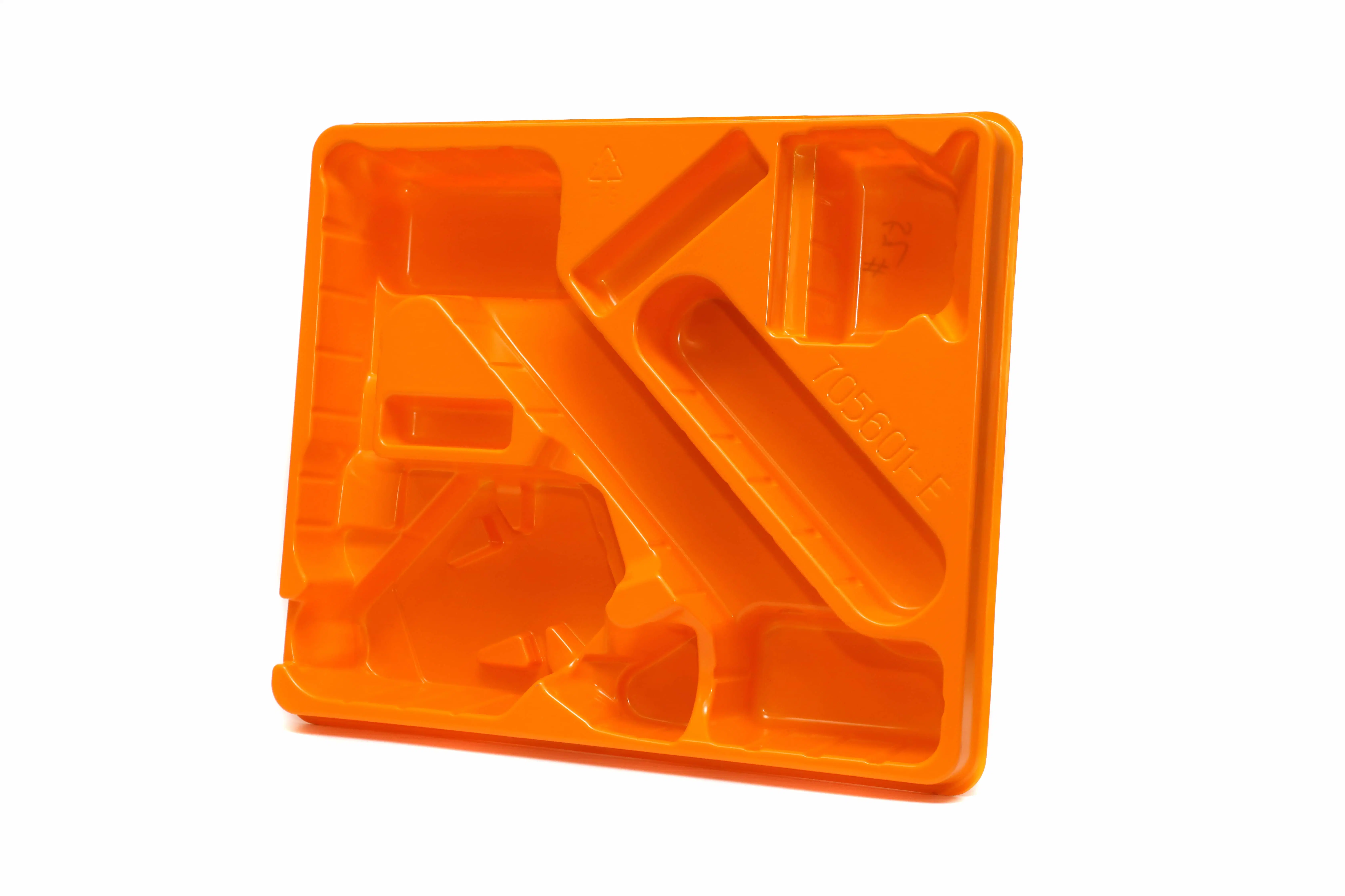 Plateau de thermoformage en plastique orange PS sur mesure pour l'emballage de transport de produits.