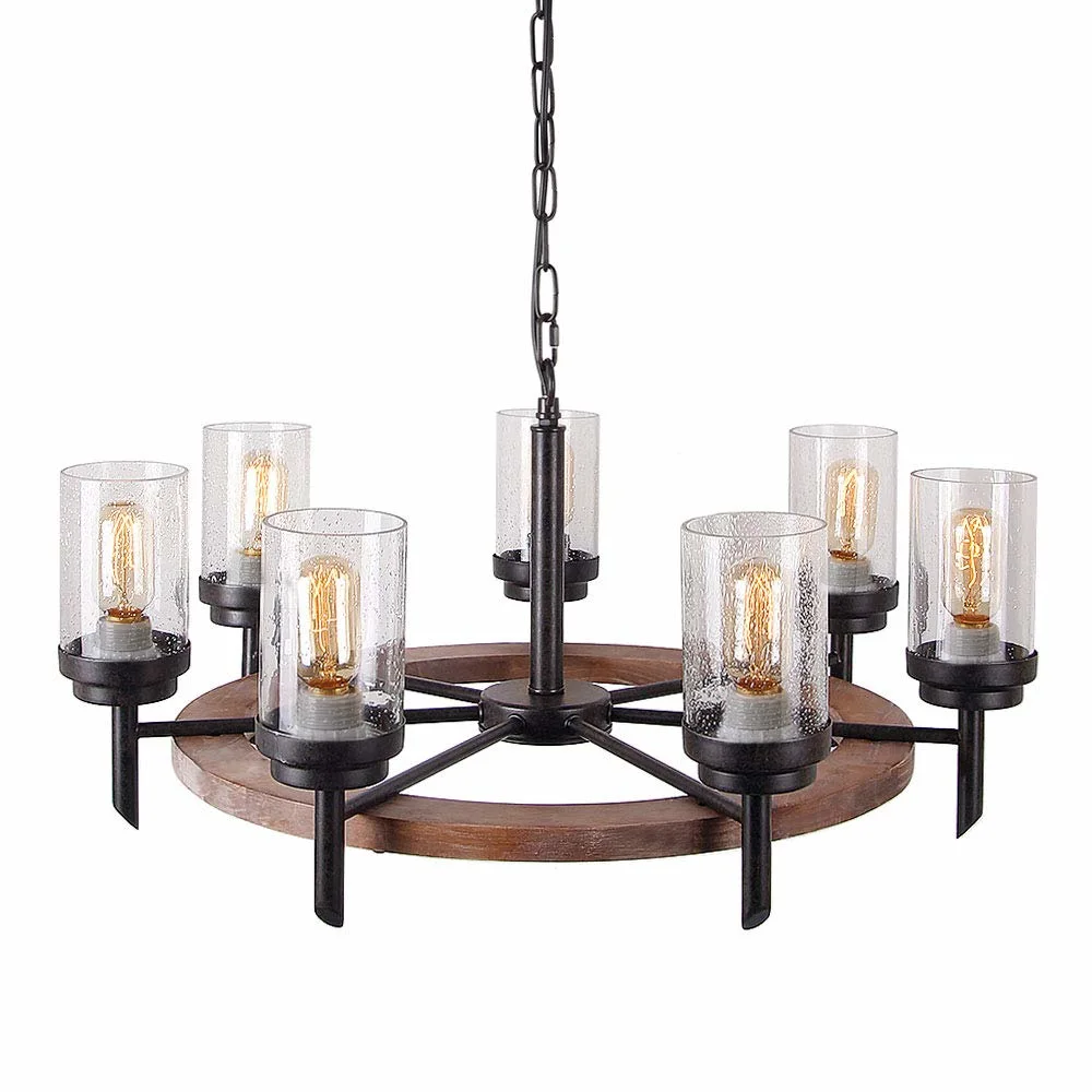 JLC-3015 Retro rustique Antique chandelier métal pendentif en bois avec Abat-jour en verre