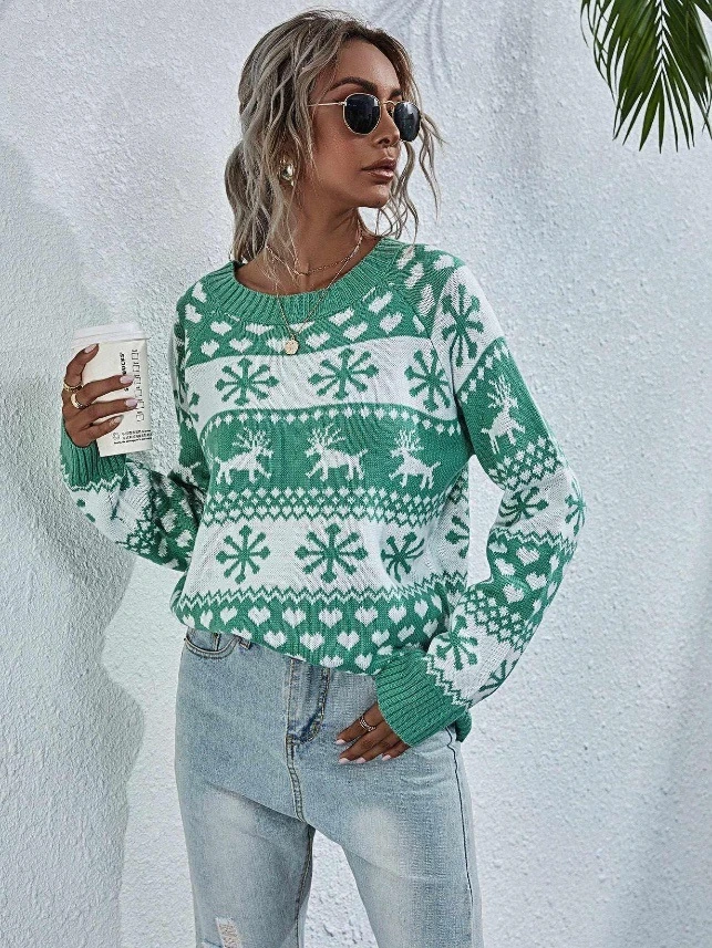 New Knitted Sweater Suéter de punto de manga larga de Elk para mujer Jerséis de navidad