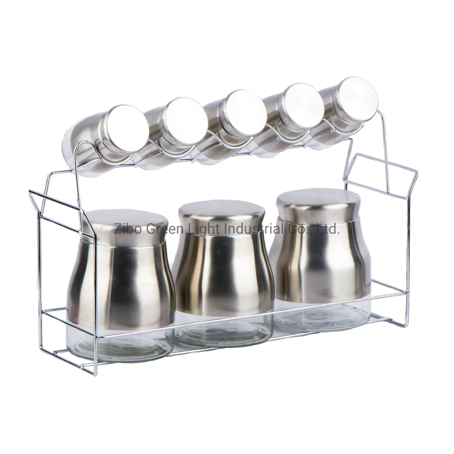 7pcs Frasco de vidrio con carcasa de acero inoxidable y Metal Rack para el almacenamiento de alimentos