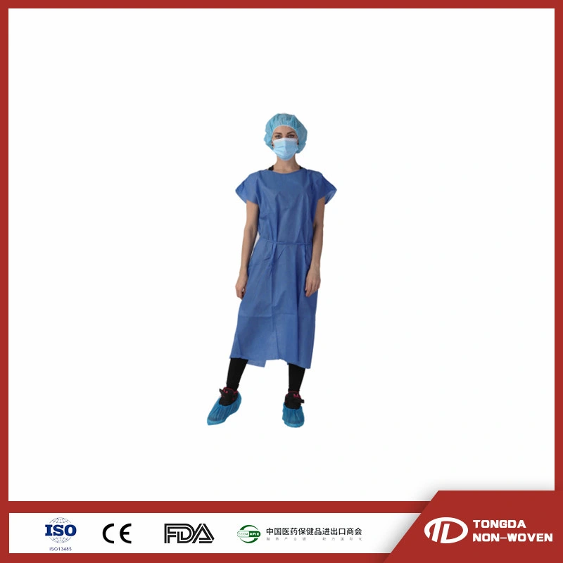 Blue Standard Reinforced Disposable Surgical Non Woven Waterproof Patient Gown with Tie
