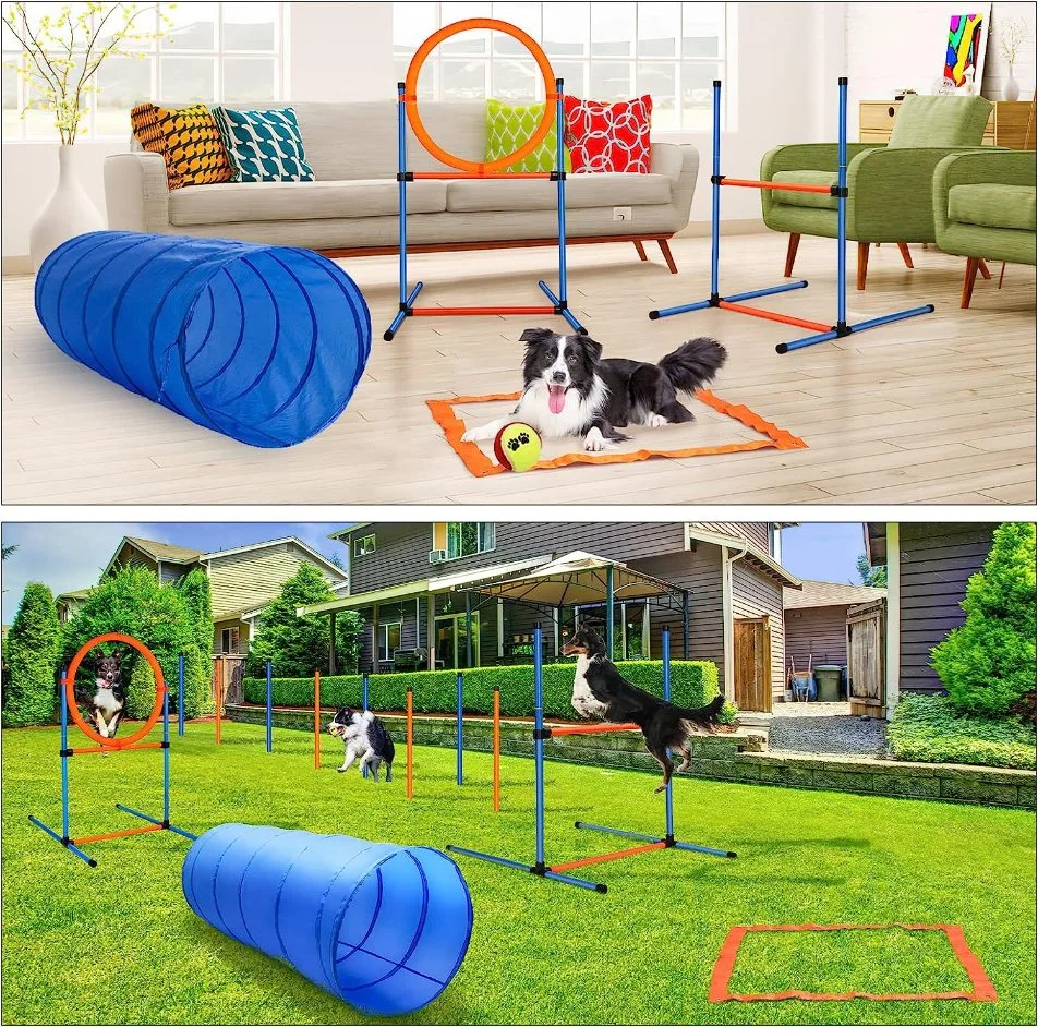 Jeux d'extérieur pour animaux de compagnie pour le jardin comprenant un tunnel pour chien, un anneau de saut, des sauts en hauteur, 4 piquets d'obstacle, une zone de pause avec étui de transport.