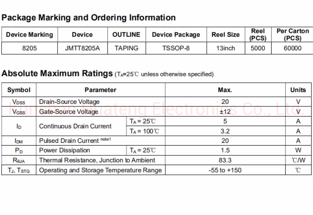 Dual N-channel Enhancement Mode Power MOSFET JMTT8205A TSSOP-8