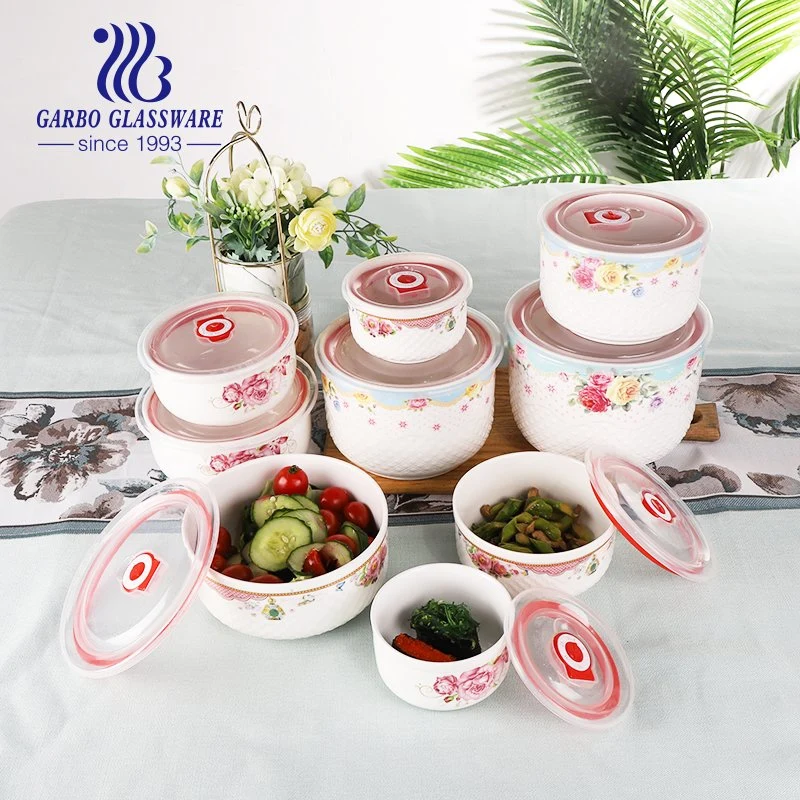 2000ml/1360ml/880ml Factory 3 PCS Set Ceramic Porcelain Bowl Sets with Lids Salad Fruit Mixing Bowl Ceramic Dinner Set with Plastic Lid and Air Hole