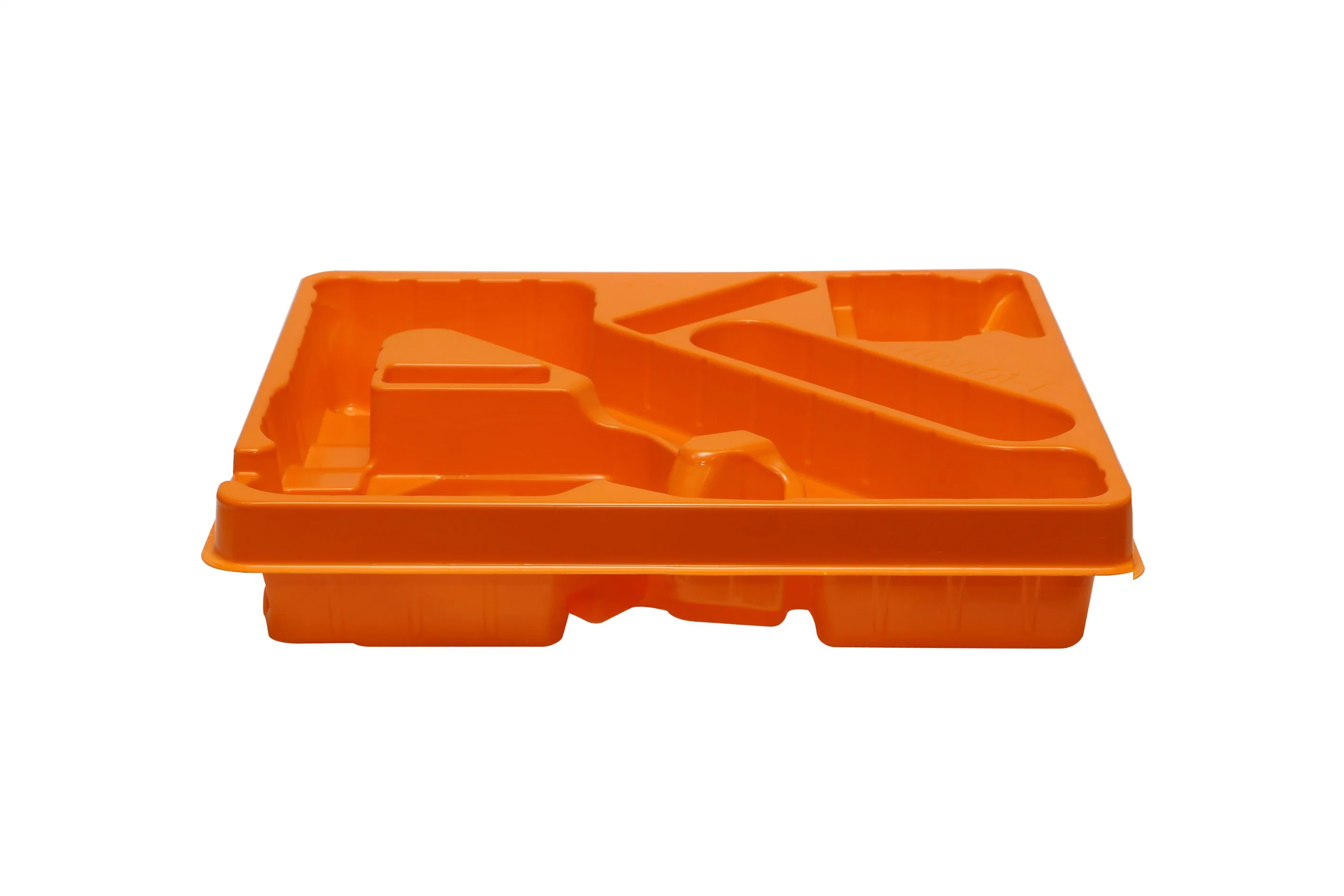 Plateau de thermoformage en plastique orange PS sur mesure pour l'emballage de transport de produits.