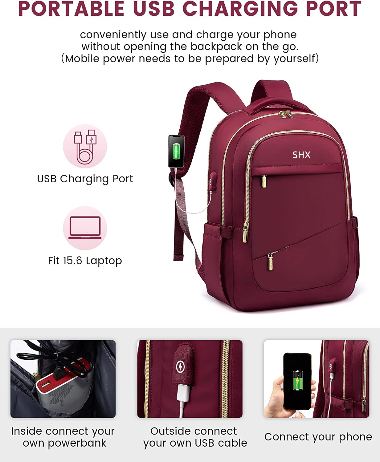 Résistant à l'eau Daypack sac à dos et de chargement USB et port pour l'Mens Womens Business School