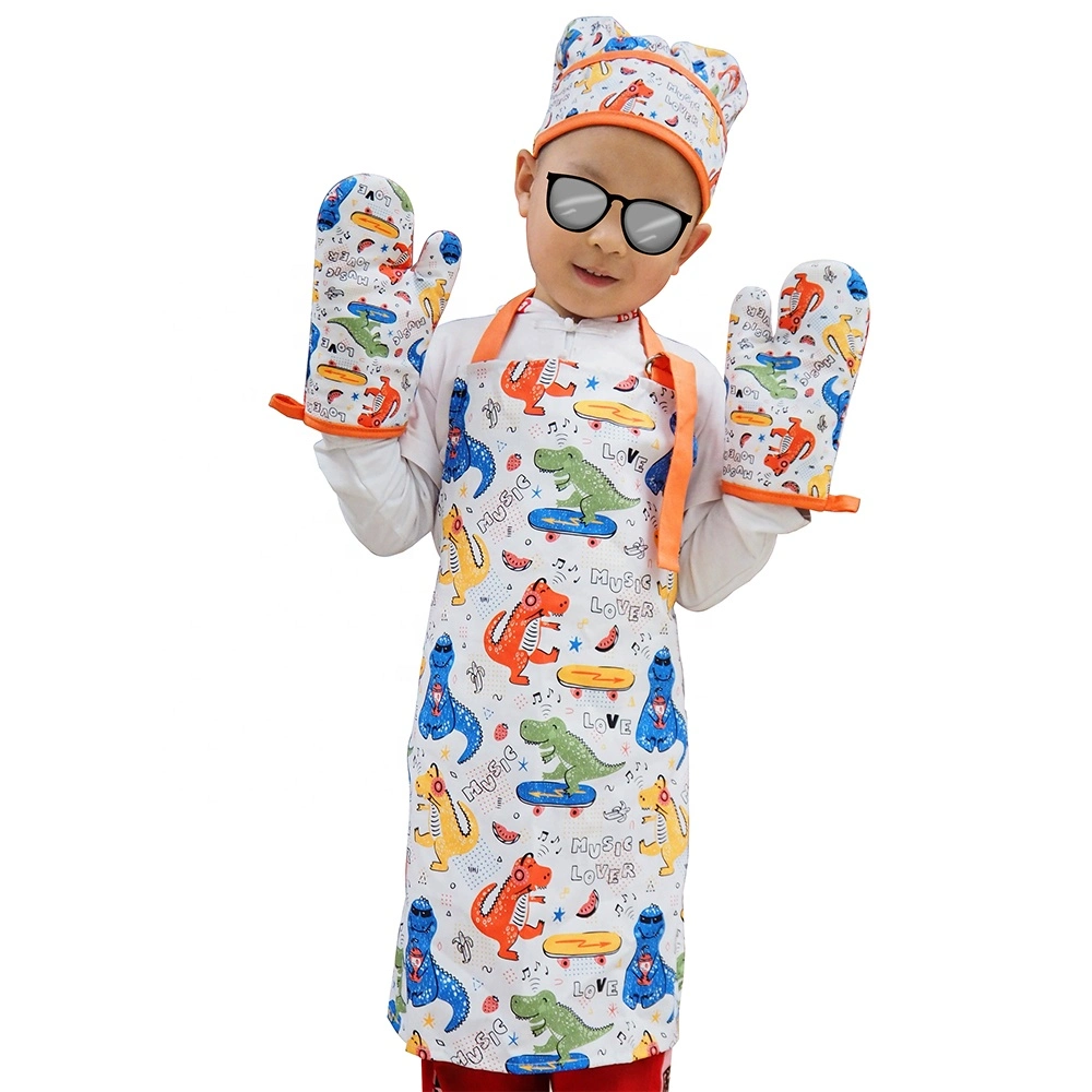 Kids Apron Set Super Dino Printed Chef Costume Set for Kids
