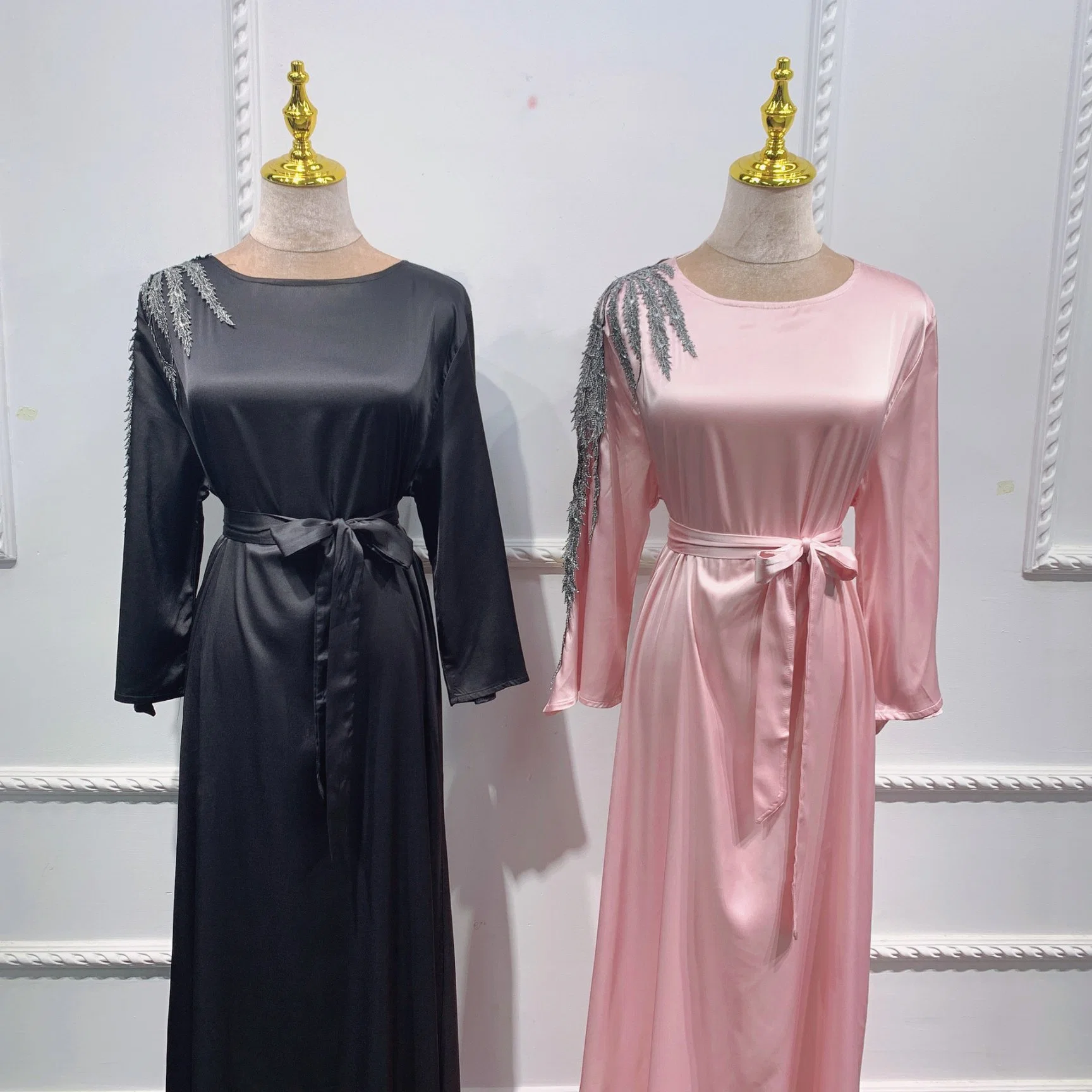 La Seda de la mujer Weimei Kaftan Abaya musulmán Vestido de manga larga y corbata Flowy Auto Maxi Dress vestido de noche islámica