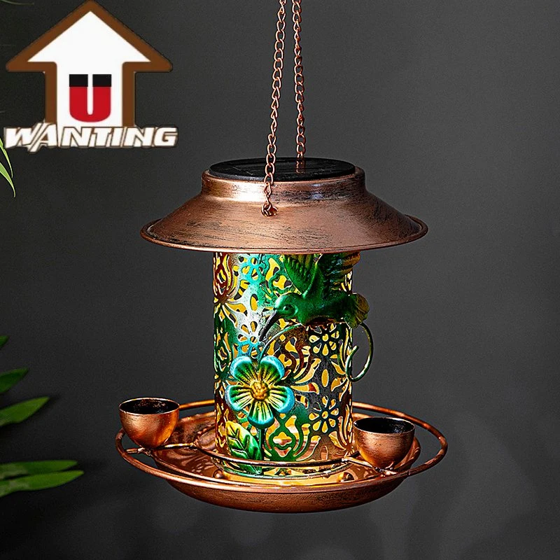 Garden Outdoor Hanging Bird Feeding Apparatus Metal Colorful Device with Solar Light