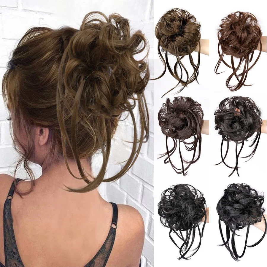 Mayorista resistente al calor Cabello pedazos de goma banda de pelo curly Extensiones de donuts Chignon Cabello Bun para mujeres