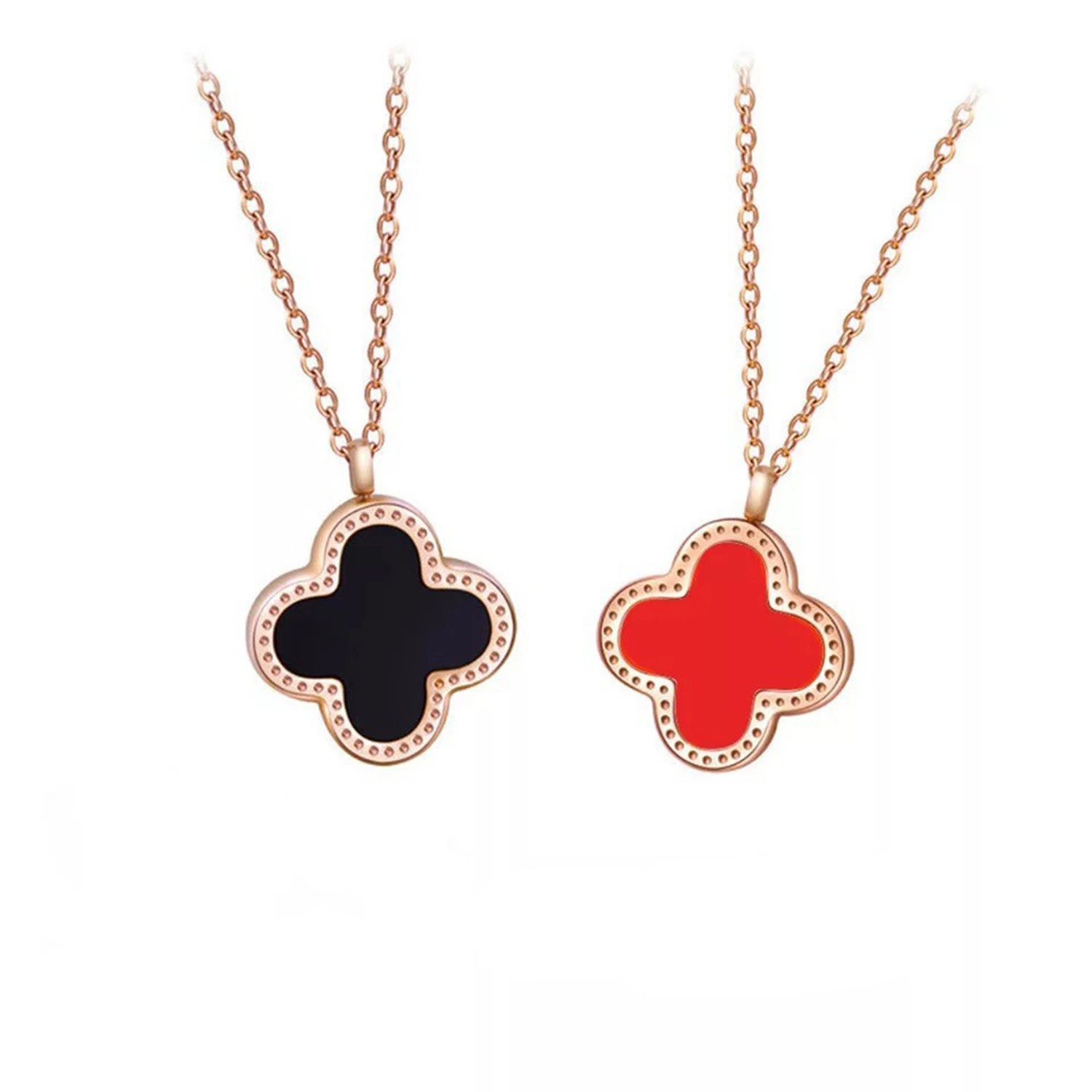 Factory Direct Sales of Black and White Double-Sided Clover Necklace Gold Rose Color Non Fading Light Luxury Niche Necklace Nk0028b