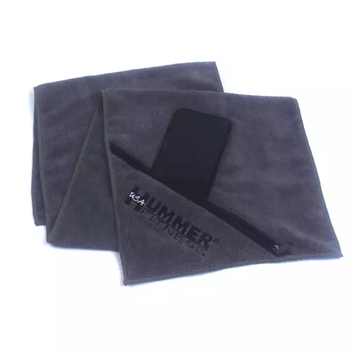 Microfiber Gym Towel/Microfiber Sports Towel with Pocket/Super Sweat Absorbent Microfiber Gym Towel with Zip Pocket