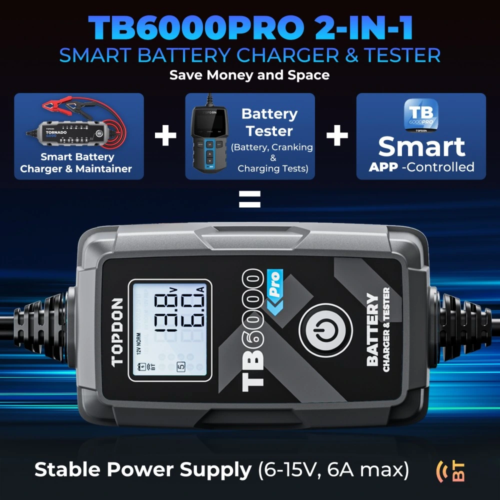 Topdon Europa América Australia Stock TB6000PRO Portable Smart 5-240ah 6V12V de litio de Plomo Ácido bricolaje Auto Moto coche 2 en 1 Analizador de la batería y cargador de batería