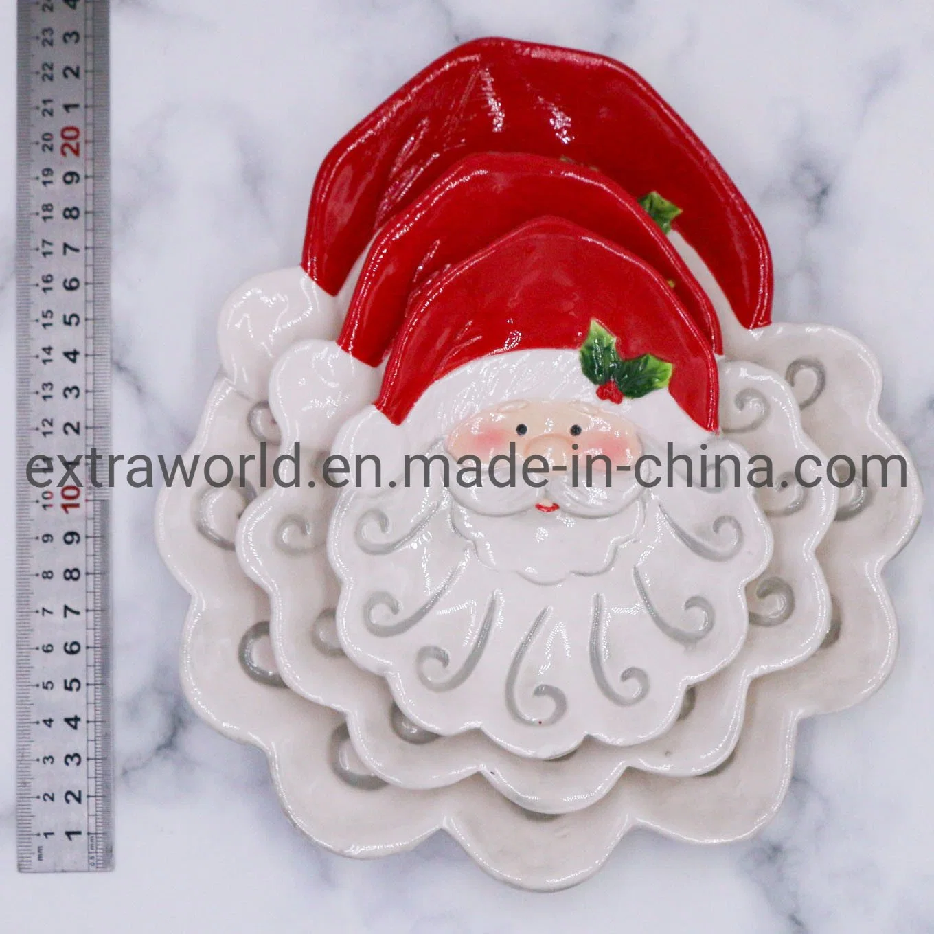 Embossed 3D Hand Painted Ceramic Santa Claus Plate Dinnerware Set of Three Tray