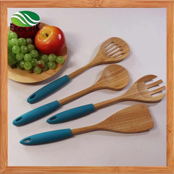 Manche en silicone coloré cuillère de cuisson en bambou ensemble d'outils pour ustensiles de cuisine