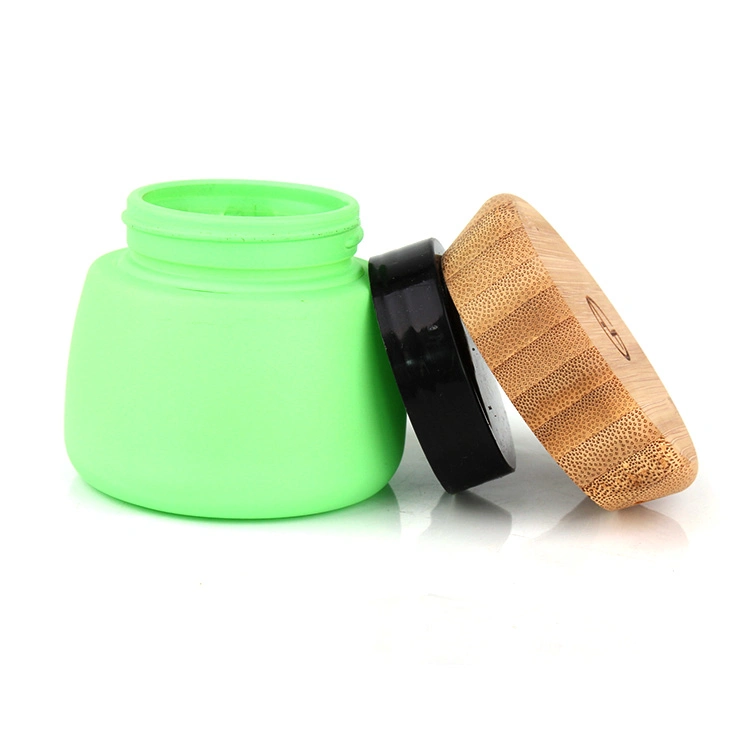 Luxury Beauty Cosmetic Packaging Container 120ml 4oz Green Facial Mask Cream Glass Jarwith Bamboo Wooden Lid