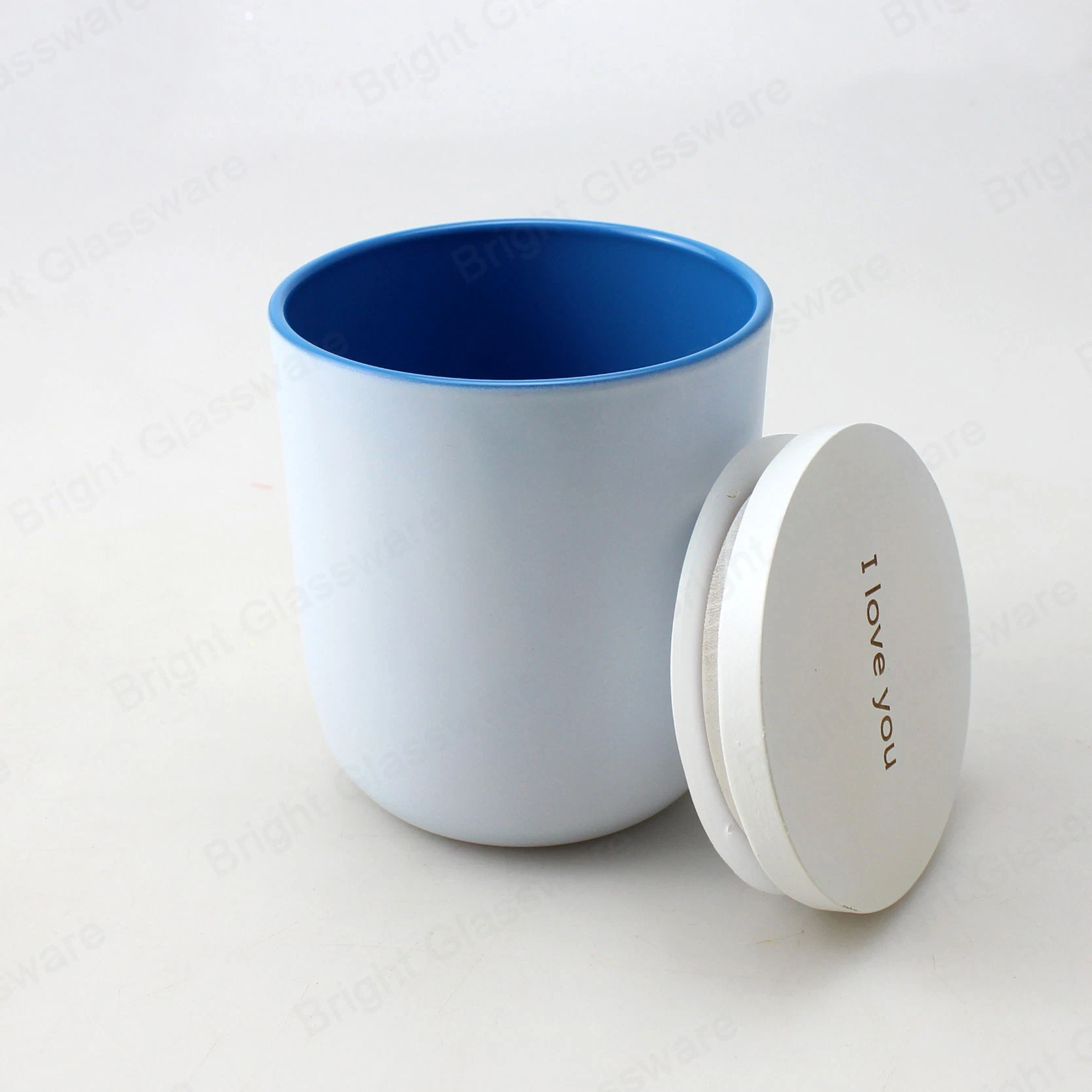 Wholesale/Supplier Customize White Pink Blue Painting Glass Candle Holder with Wooden and Metal Lids