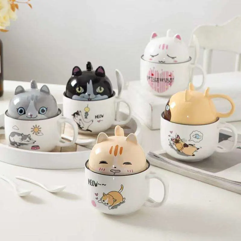 Cute Girl Large Volume Coffee Mug Cartoon Creative Ceramic Cup with Lid Spoon